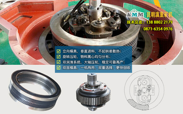 雙層、立向模具、旋轉(zhuǎn)壓輪等顆粒機(jī)內(nèi)部示意圖